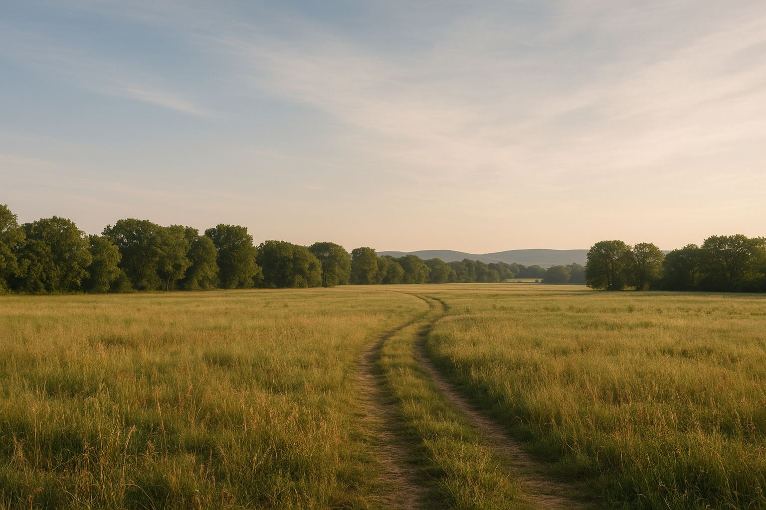 An open undeveloped parcel of rural land with a faint two-track path running through tall grass toward a distant treeline